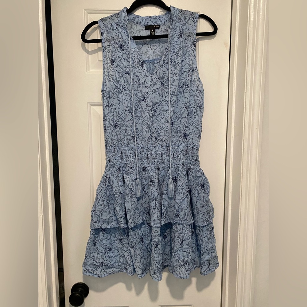 AQUA blue floral drop waist mini dress with tassels